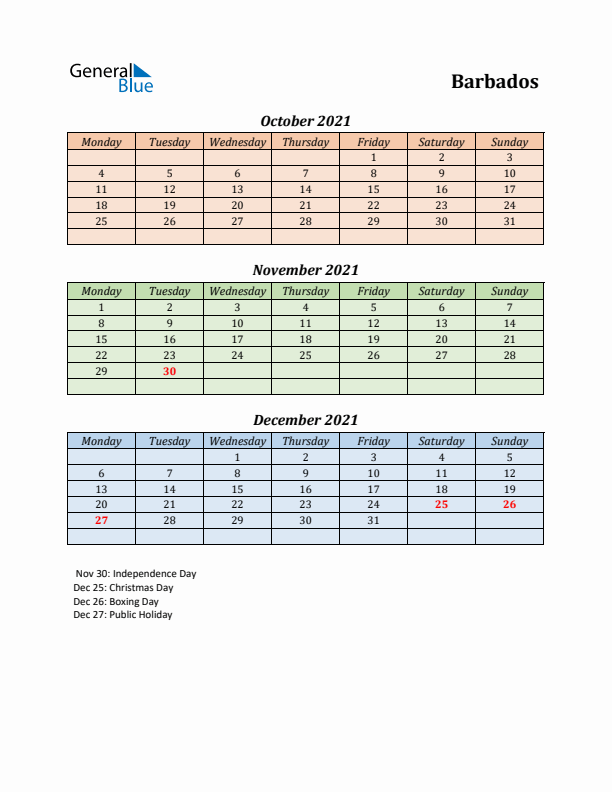 Q4 2021 Holiday Calendar - Barbados