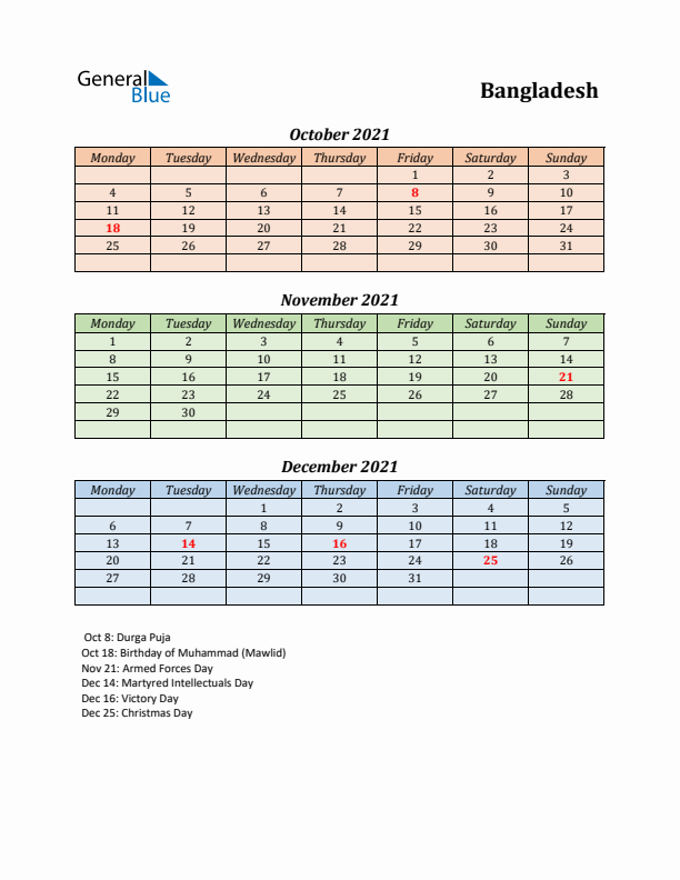 Q4 2021 Holiday Calendar - Bangladesh