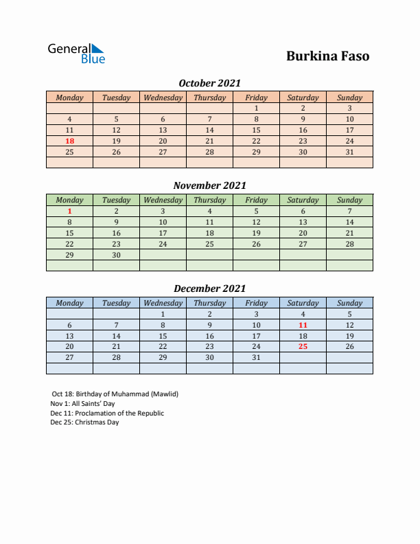 Q4 2021 Holiday Calendar - Burkina Faso