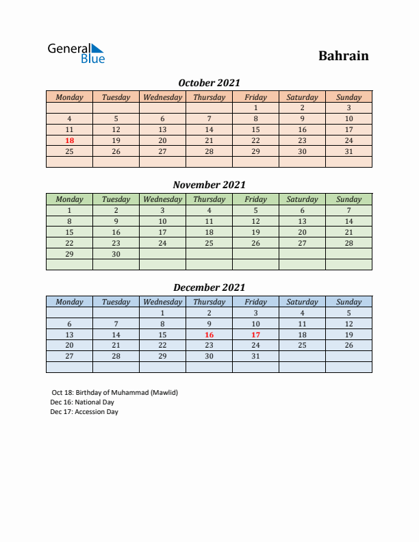 Q4 2021 Holiday Calendar - Bahrain