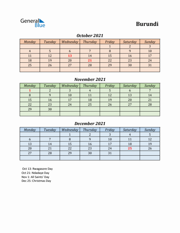 Q4 2021 Holiday Calendar - Burundi