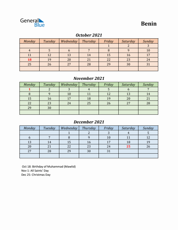 Q4 2021 Holiday Calendar - Benin