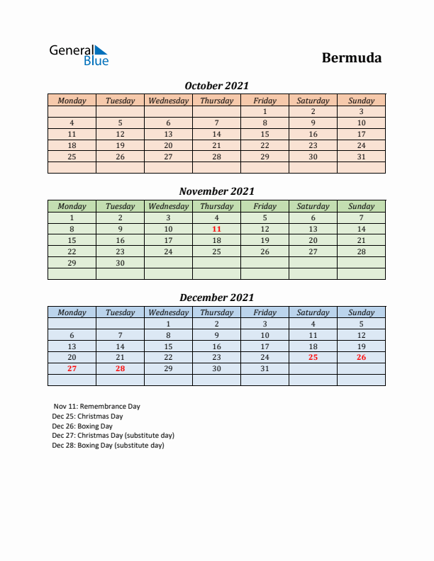 Q4 2021 Holiday Calendar - Bermuda