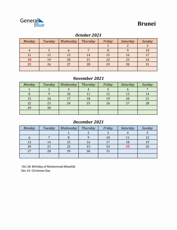 Q4 2021 Holiday Calendar - Brunei