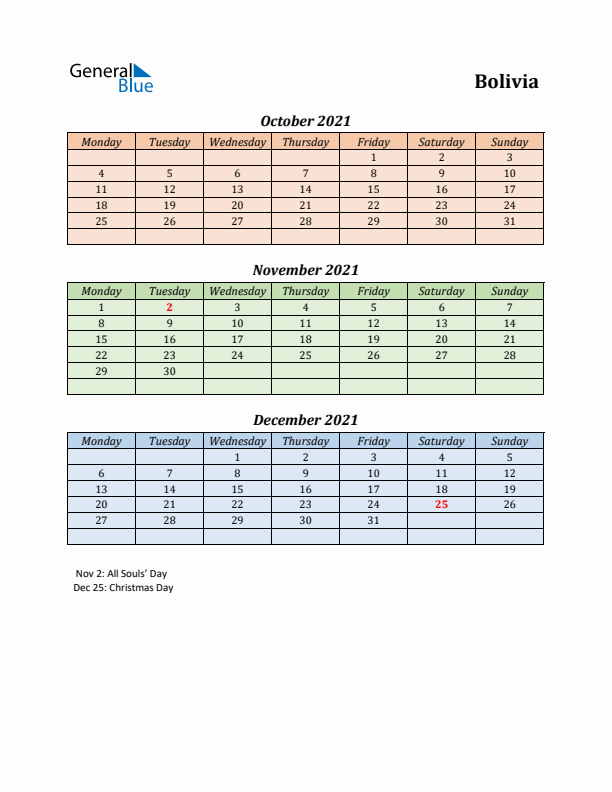 Q4 2021 Holiday Calendar - Bolivia