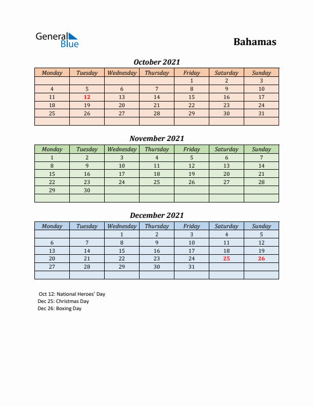 Q4 2021 Holiday Calendar - Bahamas