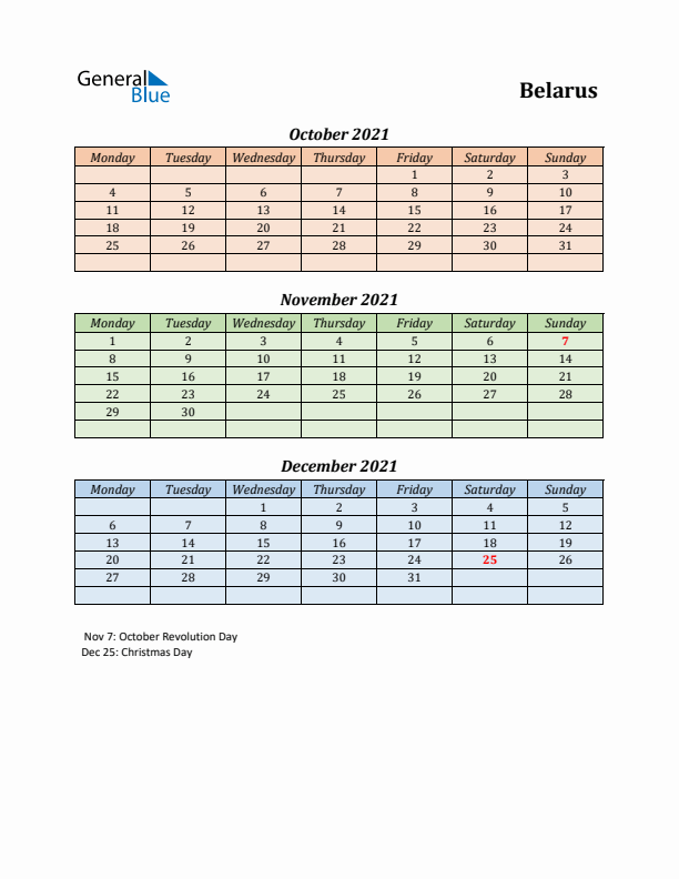 Q4 2021 Holiday Calendar - Belarus