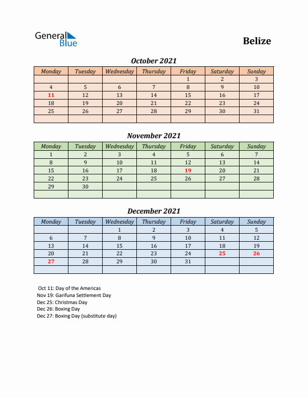 Q4 2021 Holiday Calendar - Belize