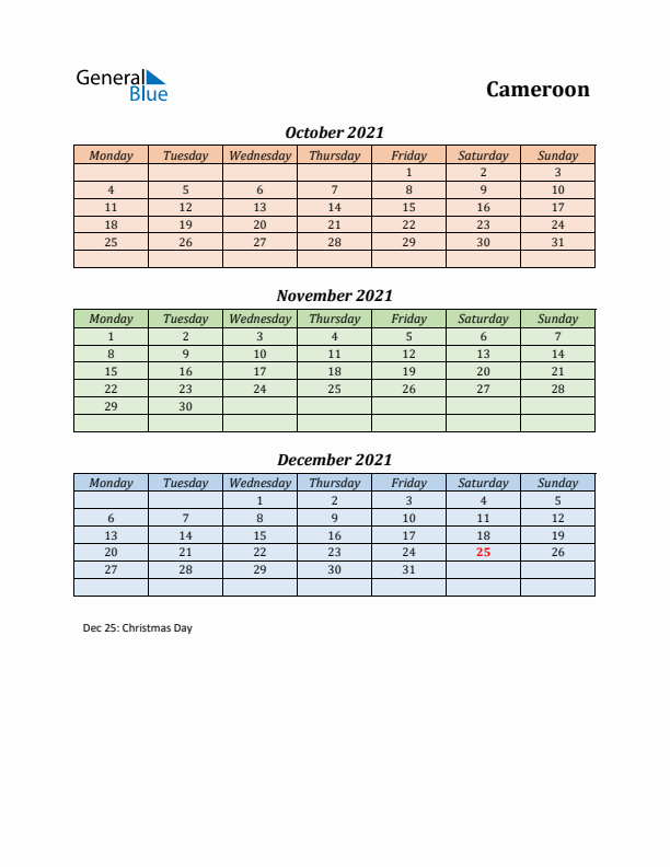 Q4 2021 Holiday Calendar - Cameroon