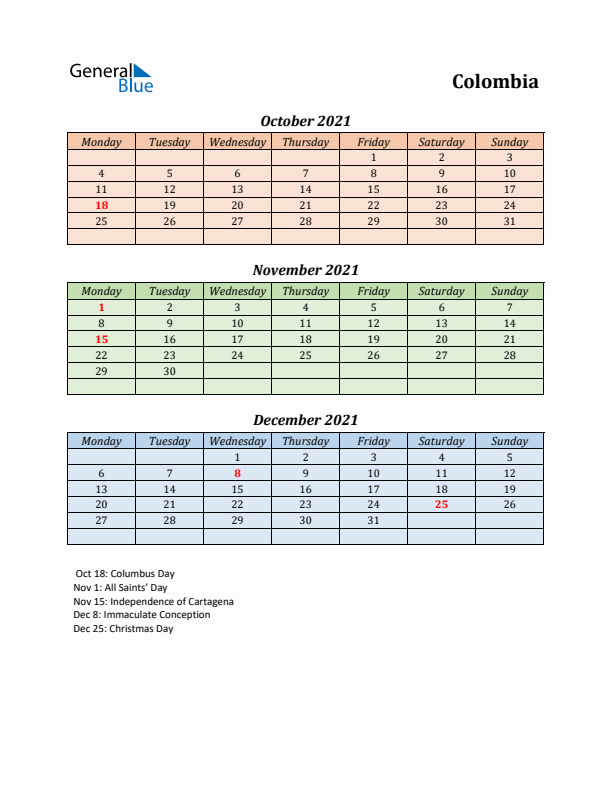 Q4 2021 Holiday Calendar - Colombia