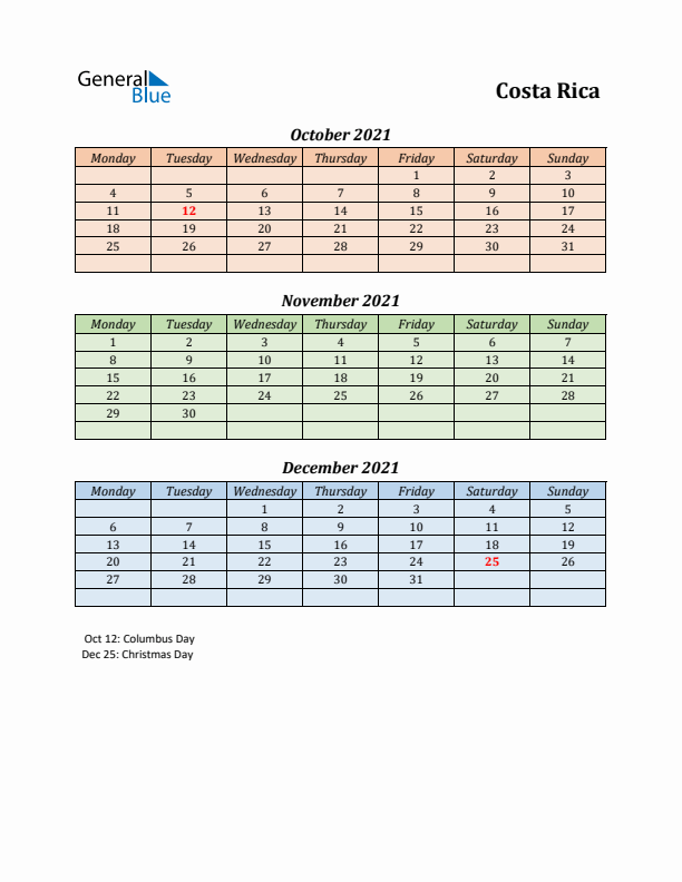 Q4 2021 Holiday Calendar - Costa Rica