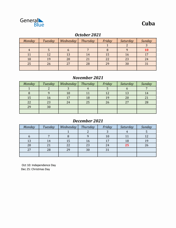 Q4 2021 Holiday Calendar - Cuba