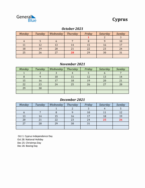 Q4 2021 Holiday Calendar - Cyprus