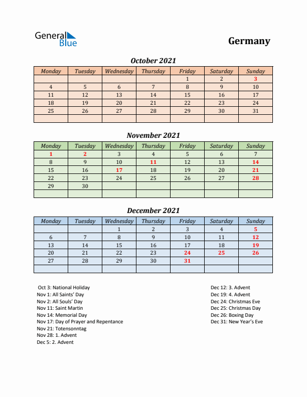 Q4 2021 Holiday Calendar - Germany