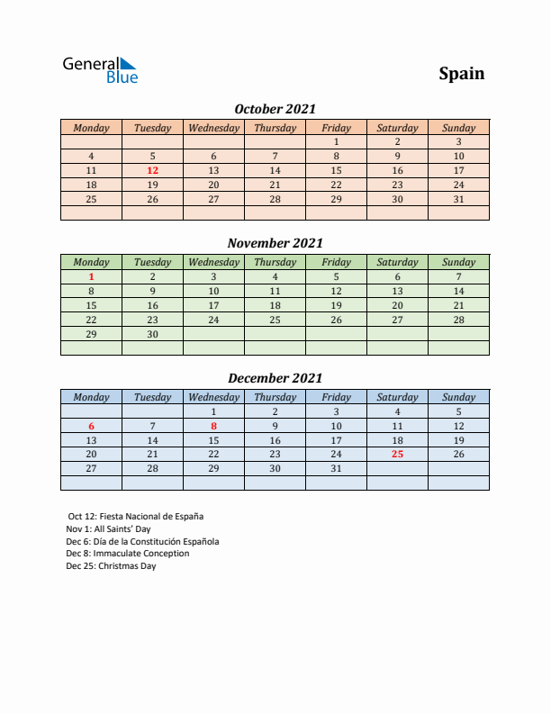 Q4 2021 Holiday Calendar - Spain