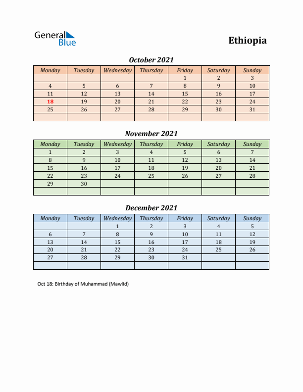 Q4 2021 Holiday Calendar - Ethiopia