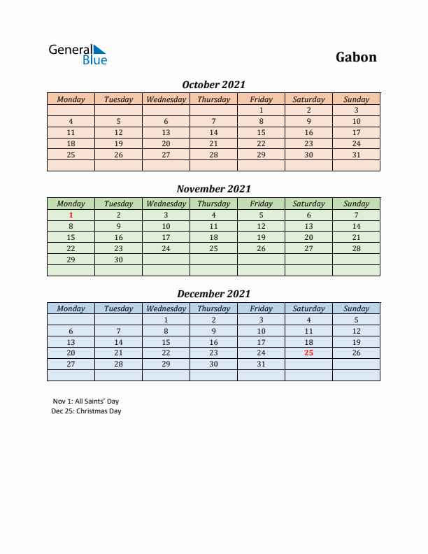 Q4 2021 Holiday Calendar - Gabon