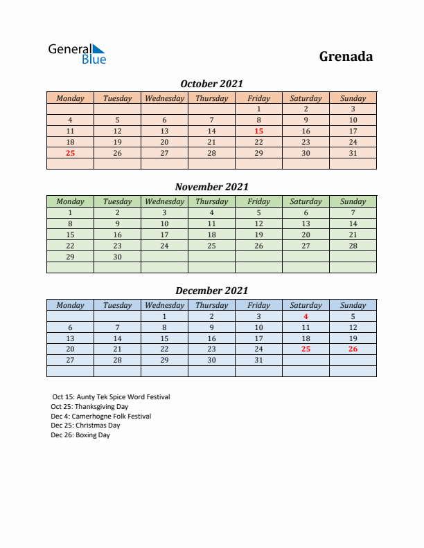 Q4 2021 Holiday Calendar - Grenada