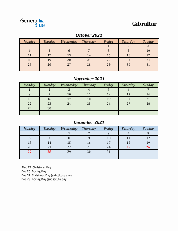 Q4 2021 Holiday Calendar - Gibraltar