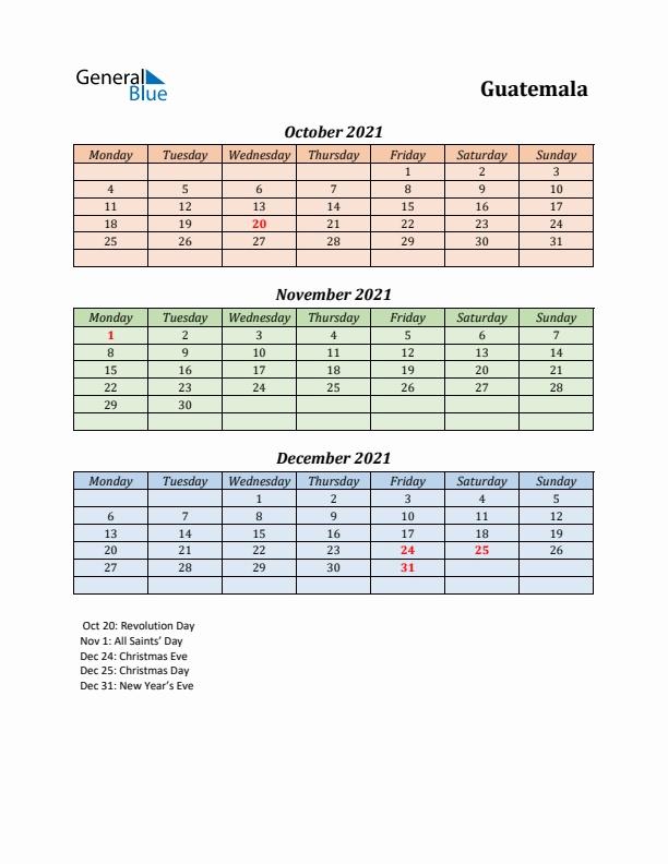 Q4 2021 Holiday Calendar - Guatemala