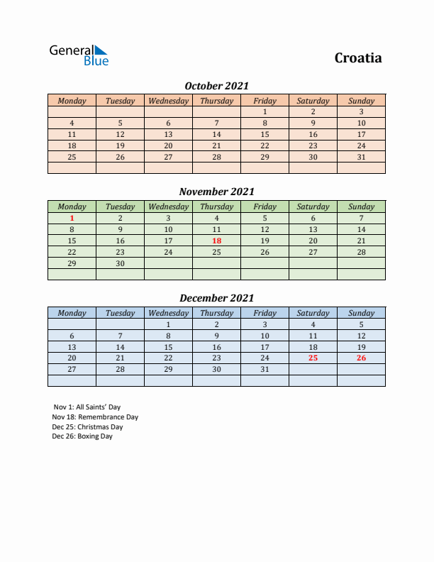 Q4 2021 Holiday Calendar - Croatia