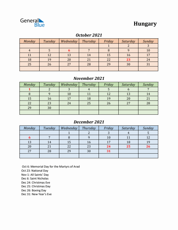 Q4 2021 Holiday Calendar - Hungary