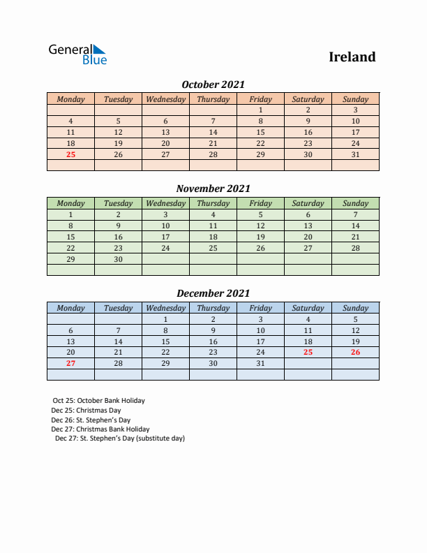 Q4 2021 Holiday Calendar - Ireland