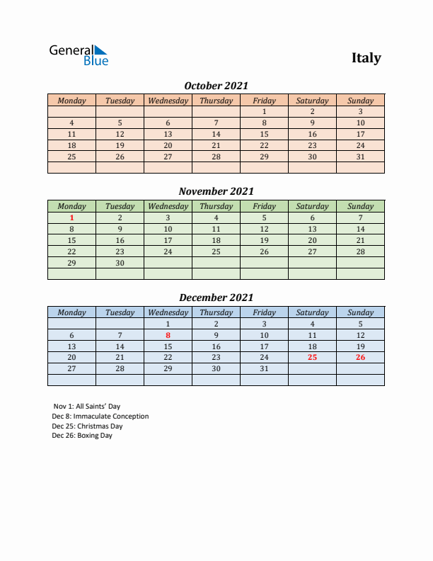 Q4 2021 Holiday Calendar - Italy