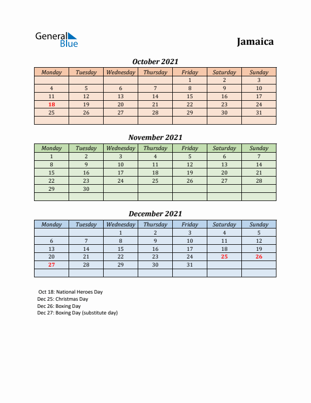 Q4 2021 Holiday Calendar - Jamaica