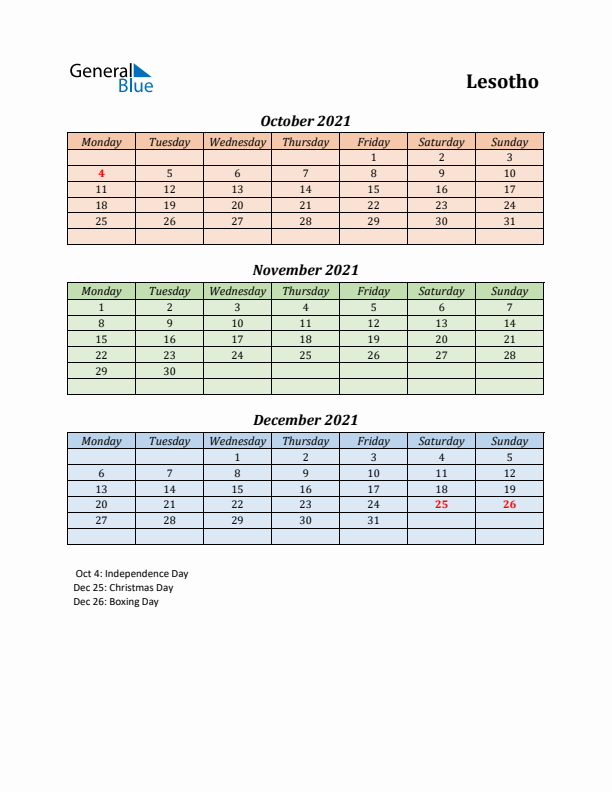 Q4 2021 Holiday Calendar - Lesotho