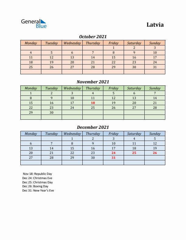 Q4 2021 Holiday Calendar - Latvia