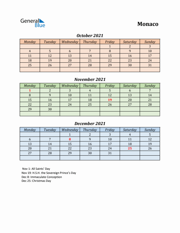 Q4 2021 Holiday Calendar - Monaco