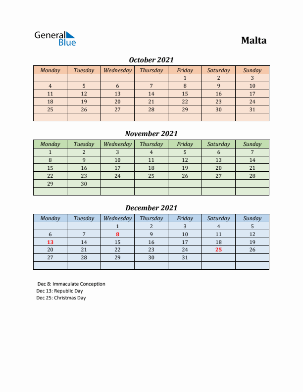 Q4 2021 Holiday Calendar - Malta