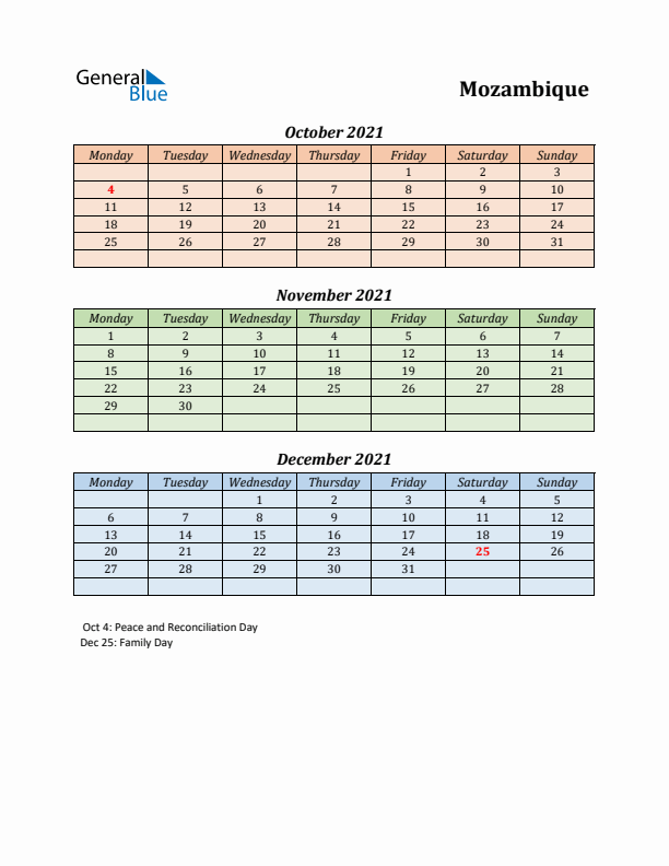 Q4 2021 Holiday Calendar - Mozambique