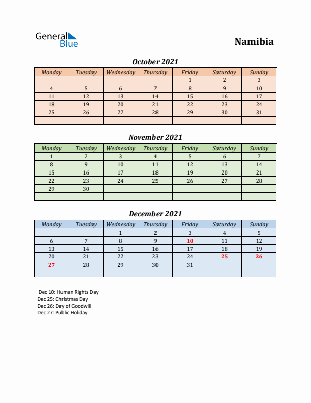 Q4 2021 Holiday Calendar - Namibia