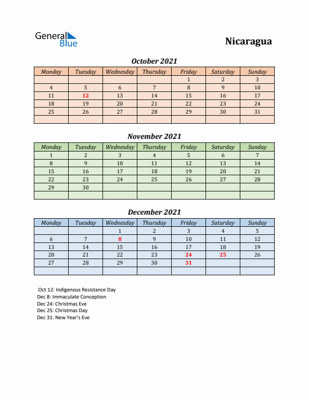 Q4 2021 Holiday Calendar - Nicaragua