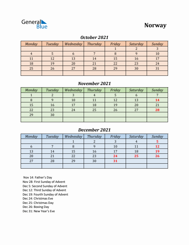 Q4 2021 Holiday Calendar - Norway