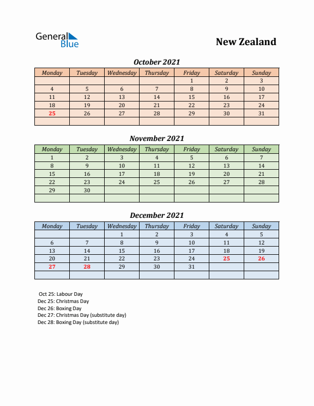 Q4 2021 Holiday Calendar - New Zealand