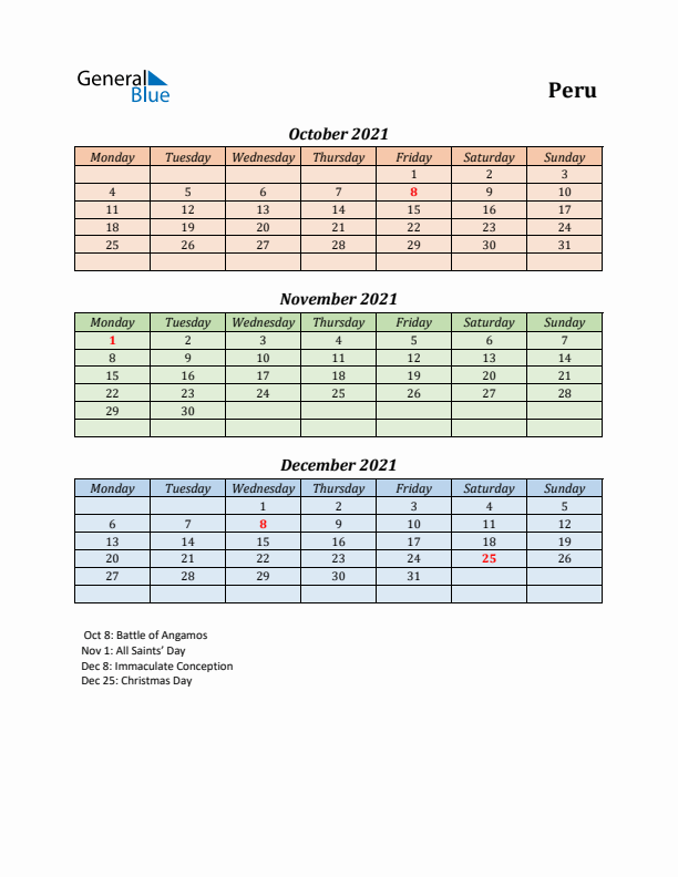 Q4 2021 Holiday Calendar - Peru