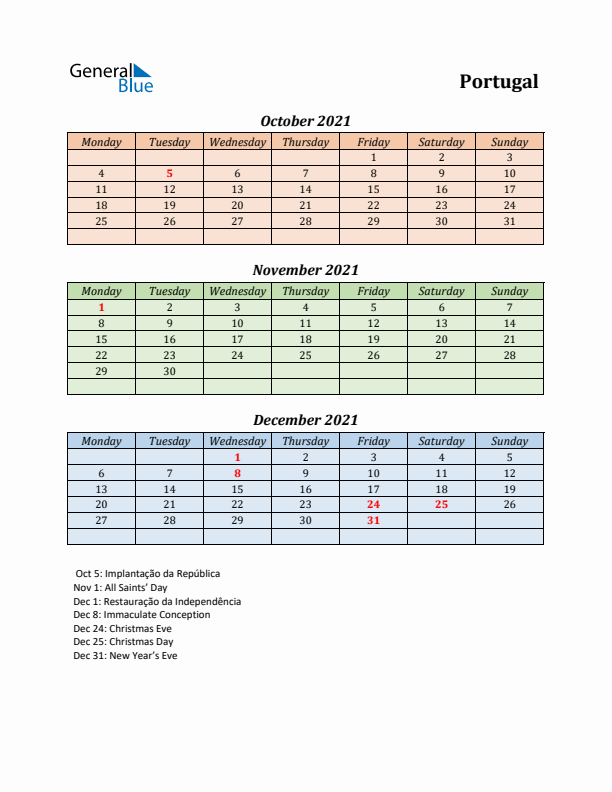 Q4 2021 Holiday Calendar - Portugal