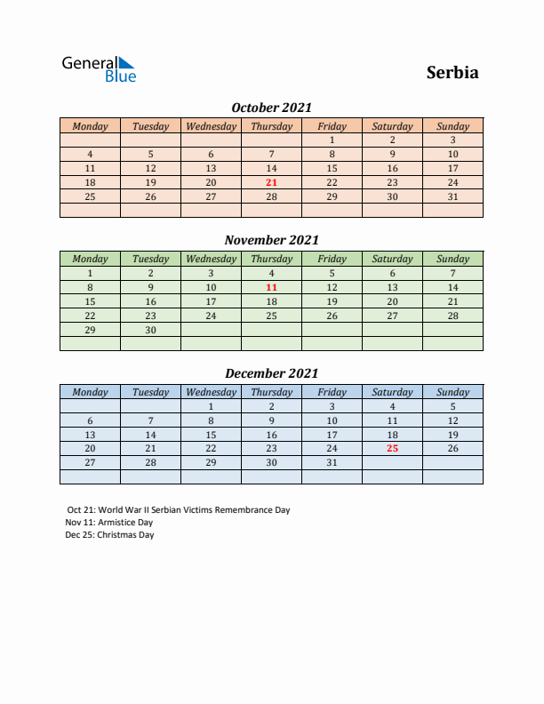 Q4 2021 Holiday Calendar - Serbia