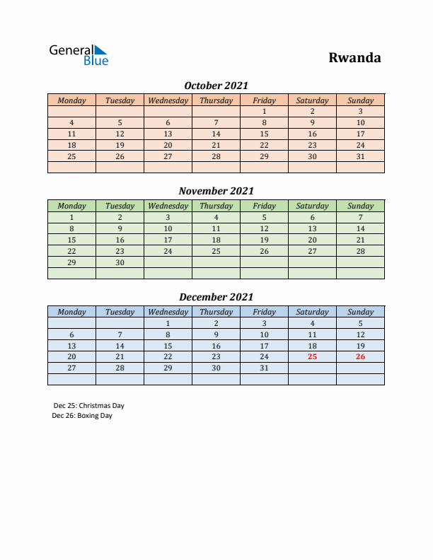 Q4 2021 Holiday Calendar - Rwanda