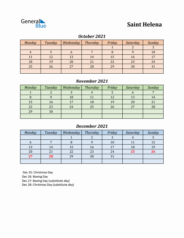 Q4 2021 Holiday Calendar - Saint Helena