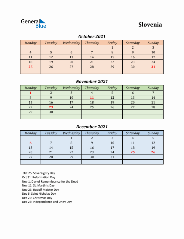 Q4 2021 Holiday Calendar - Slovenia