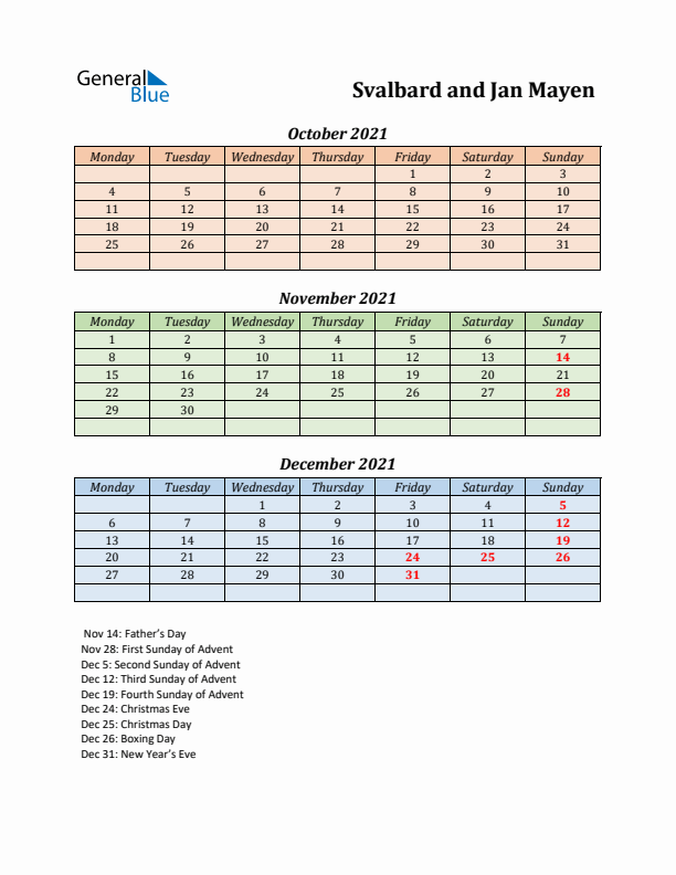 Q4 2021 Holiday Calendar - Svalbard and Jan Mayen