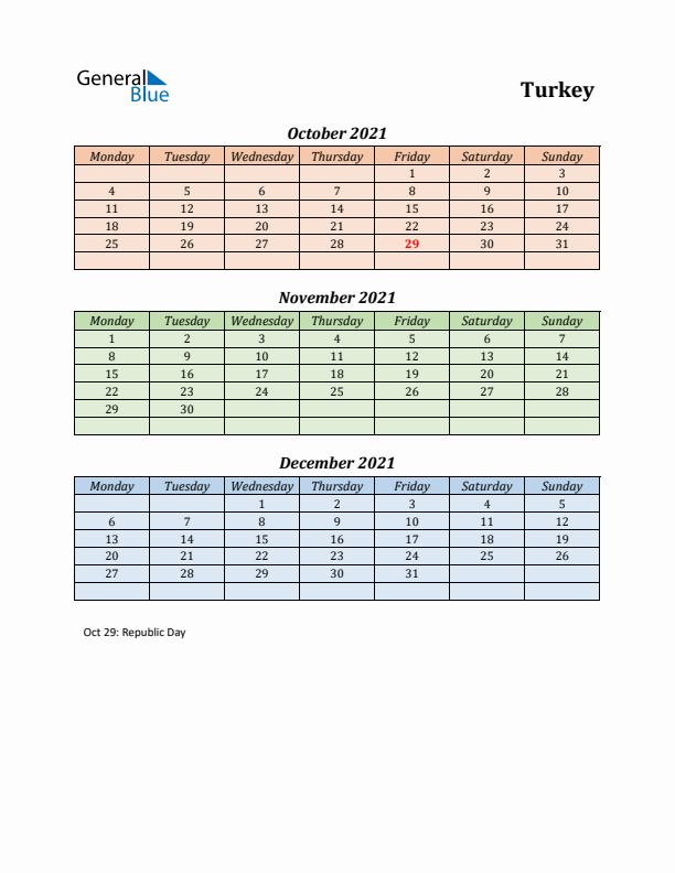 Q4 2021 Holiday Calendar - Turkey