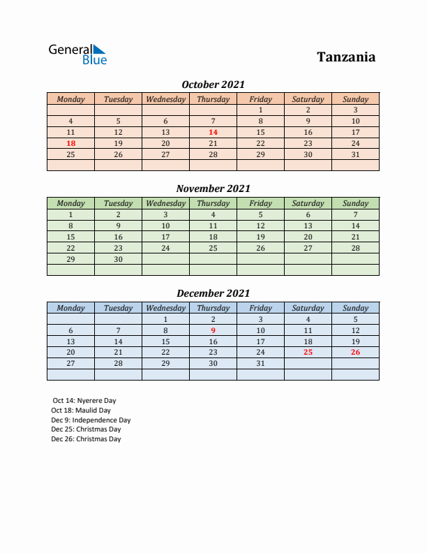 Q4 2021 Holiday Calendar - Tanzania