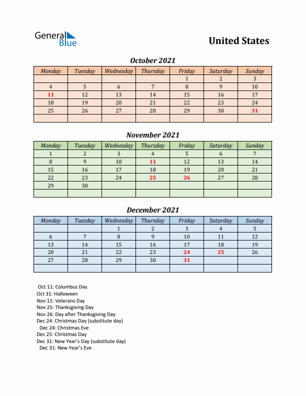 Q4 2021 Holiday Calendar - United States