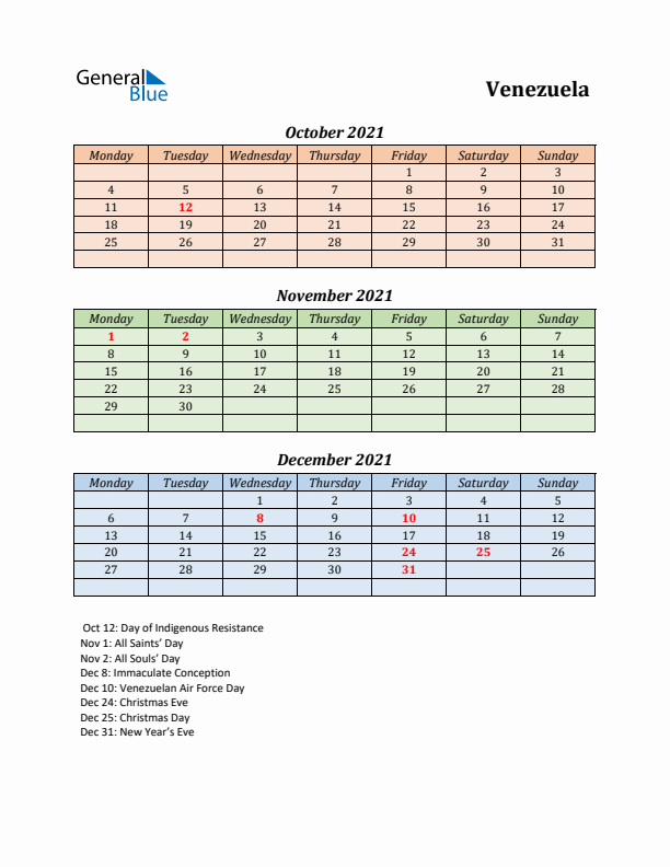 Q4 2021 Holiday Calendar - Venezuela