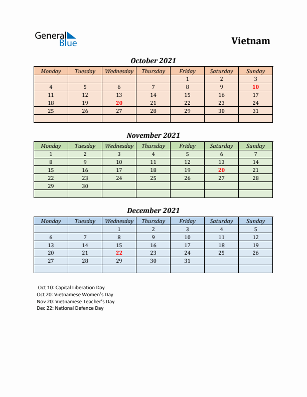 Q4 2021 Holiday Calendar - Vietnam